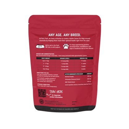 PetzPark Liver Support powder for dogs, 90g, with Milk Thistle, Beetroot, and Schisandra, detoxifies and protects, roast beef flavor, Australian-made.
