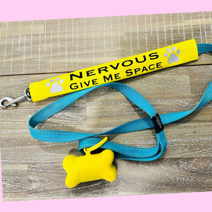 Yellow nervous lead slip on dog leash with "Give Me Space" text and reflective paw prints