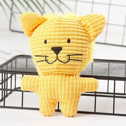 Set of cute Crinkle & Squeak Dog Toys in cow, elephant, and lion designs with soft fabric and built-in squeakers