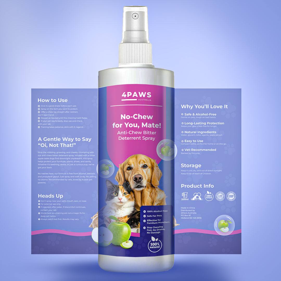 No Chew for you, Mate! Anti-Chew Bitter Deterrent Spray for cats and dogs to prevent puppy chewing, safe and non-toxic formula with human-grade bittering agent.