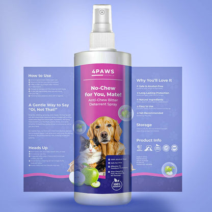 No Chew for you, Mate! Anti-Chew Bitter Deterrent Spray for cats and dogs to prevent puppy chewing, safe and non-toxic formula with human-grade bittering agent.