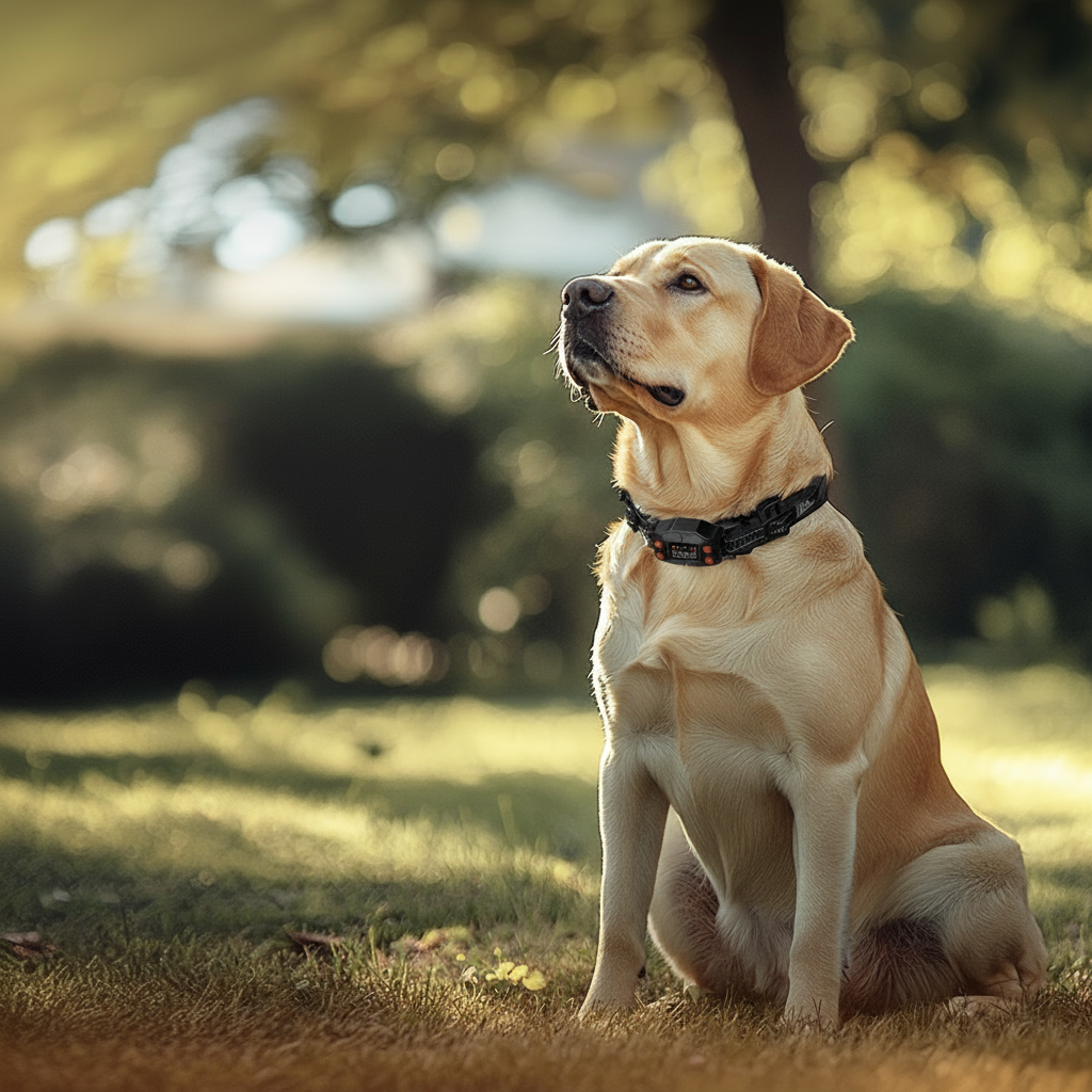 Golden retriever wearing F830 GPS wireless dog fence collar showcasing advanced GPS chip features
