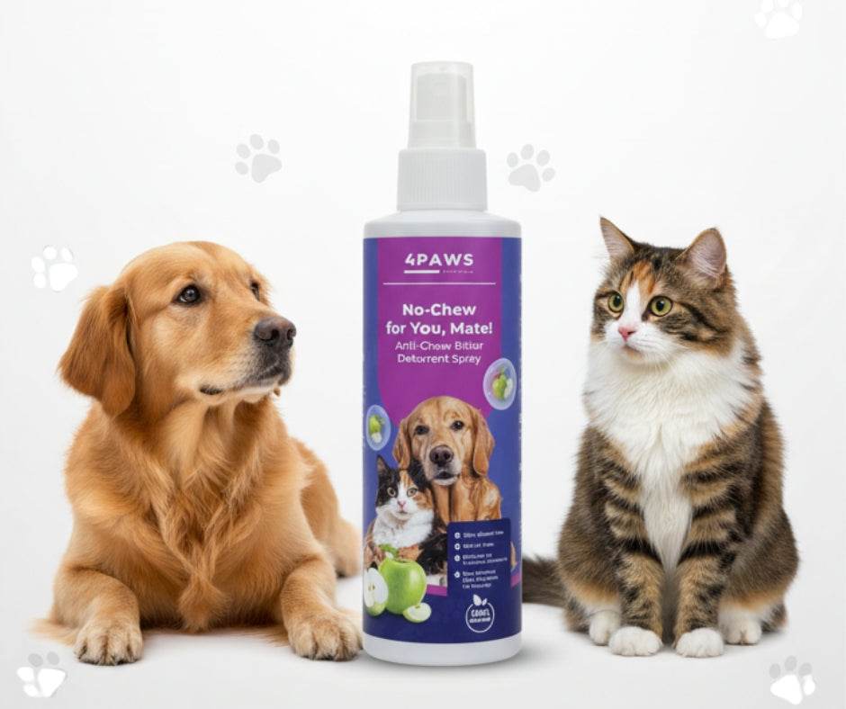 No Chew for you Mate! anti-chew bitter deterrent spray bottle with golden retriever dog and tabby cat sitting beside it for puppy chewing deterrent