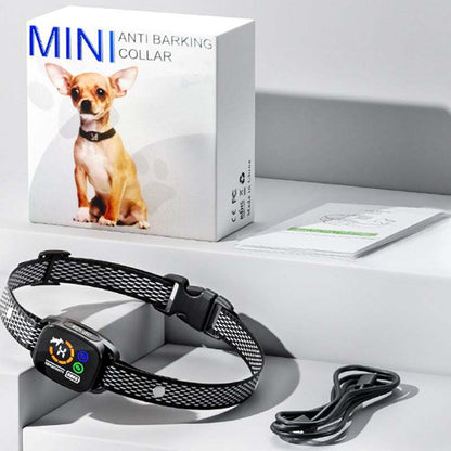 Mini Anti-Barking Collar with no shock for small to medium dogs, featuring sound and vibration control, USB rechargeable and lightweight design