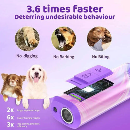 Ultrasonic Dog Trainer device in purple with flashlight for no digging, barking, or biting behavior control
