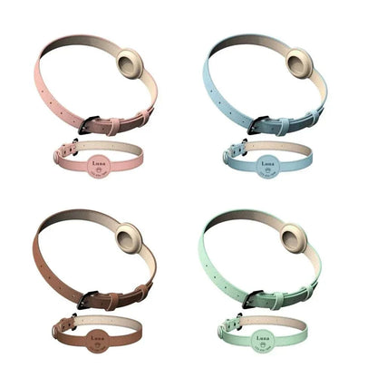 Personalised leather pet collar for AirTag, adjustable for cats and dogs, various colors.