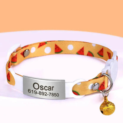 Personalised 1cm width cat collar with bell and safety breakaway design featuring watermelon pattern.