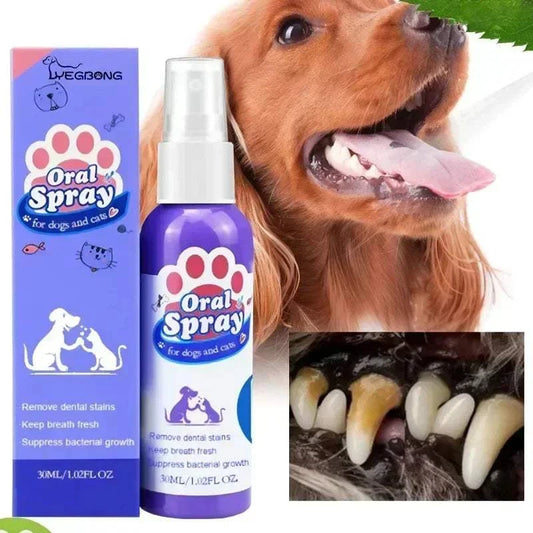 Pet teeth cleaning spray for cats and dogs, removes tooth stains, freshens breath, combats plaque and tartar.