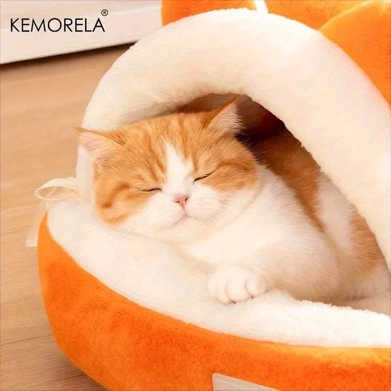 KEMORELA cat ear cat igloo bed with soft plush interior and convertible design for cozy cat comfort