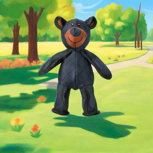 Bite resistant bear dog toy with squeaker for puppies and large dogs in a park setting.