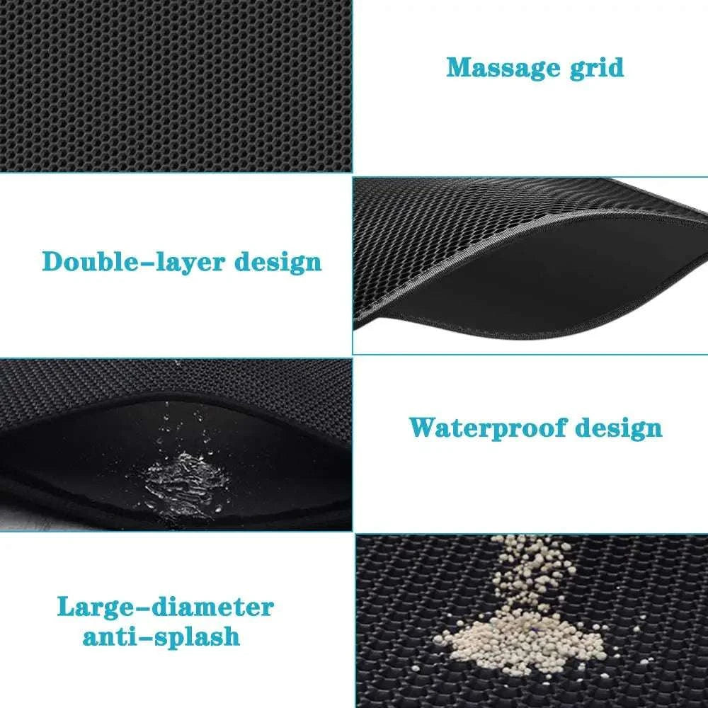 Cat litter mat with double-layer design, waterproof and urine proof, showing honeycomb pattern and anti-splash features.