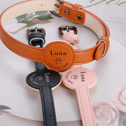 Personalised leather pet collar for AirTag, adjustable design for cats and dogs, customizable with pet's name and optional phone number.