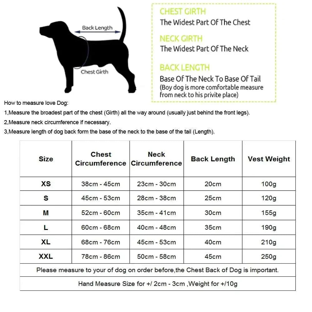 Shark dog life jacket swim vest with buoyant foam, adjustable straps, shark fin design, reflective strips, secure handle, and size chart for safety and comfort in water.