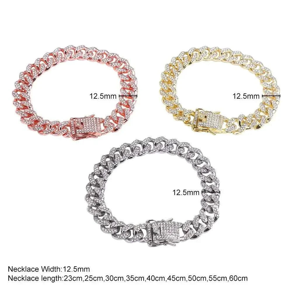 Luxury dog collar in silver, rose gold, and gold variants, embellished with sparkling rhinestones.