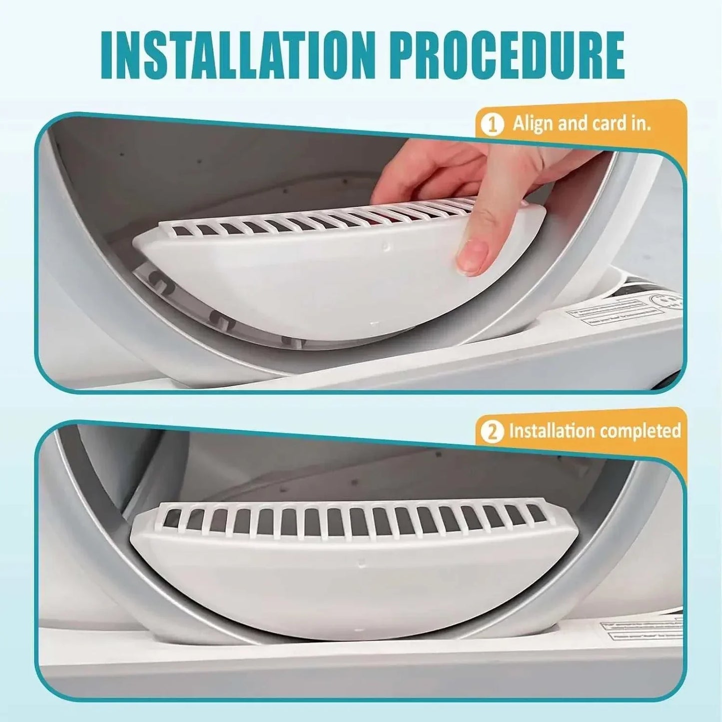 Tonepie Smart Cats Litter Box replacement part installation step showing white filter component being secured in place