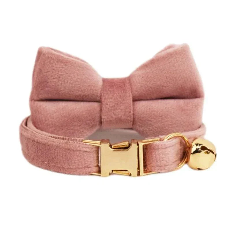 Luxury velvet cat collar in soft pink with bow tie, gold buckle, and bell