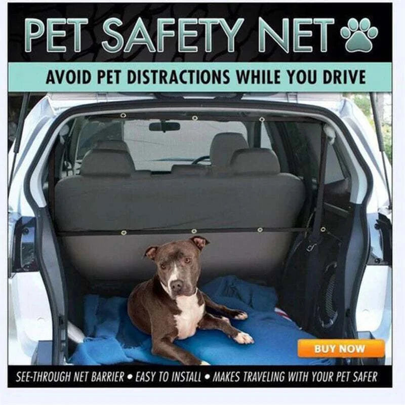 Pet back seat mesh barrier in car with dog, ensures safety, easy installation.