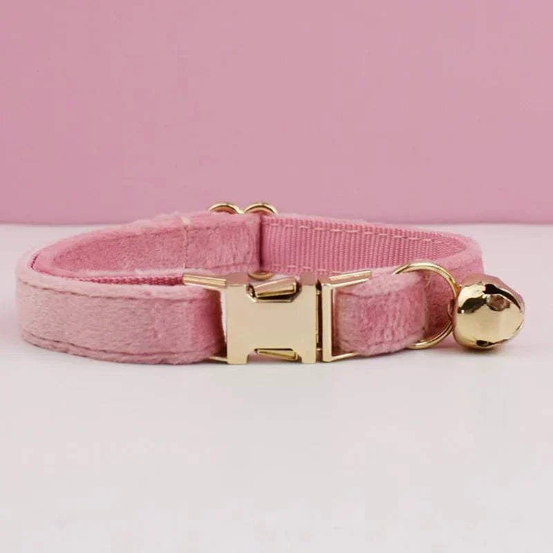 Pink luxury velvet cat collar with gold buckle and bell on a white surface