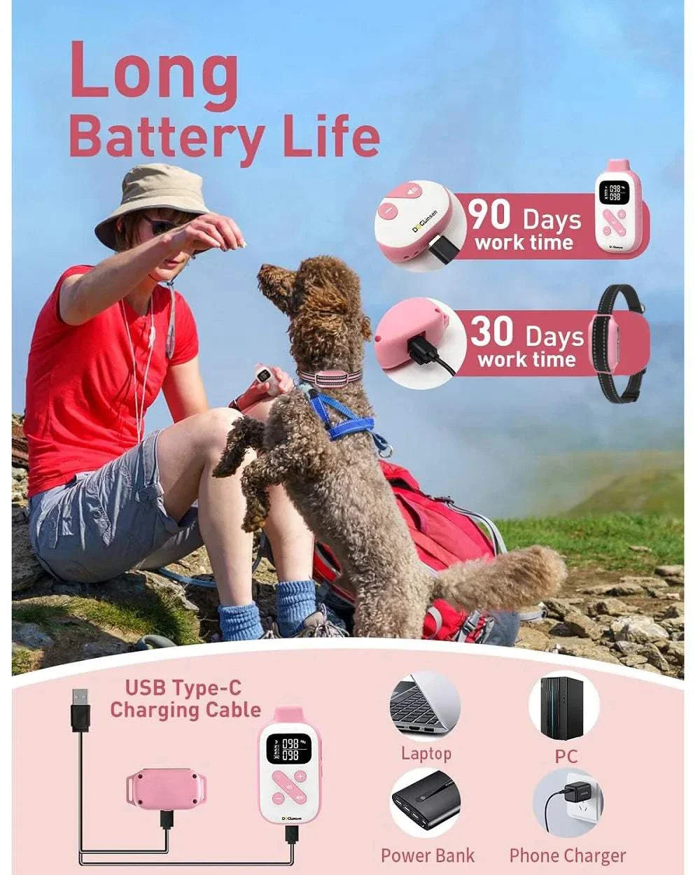 No Shock Dog Training Collar with long battery life and USB Type-C charging, suitable for outdoor use.