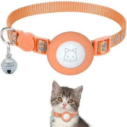 Adjustable orange breakaway cat collar with Airtag holder and bell for kitten safety and visibility