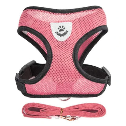 Pink adjustable harness and leash set for cats or small dogs, breathable fabric, reflective safety feature.