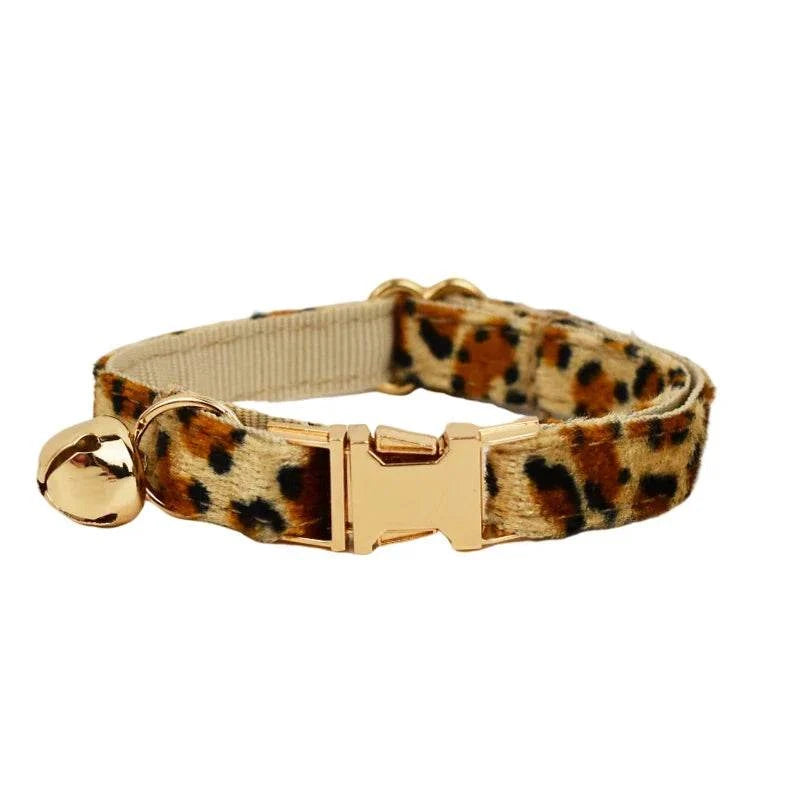 Leopard print personalised cat collar with adjustable fit and optional bow.