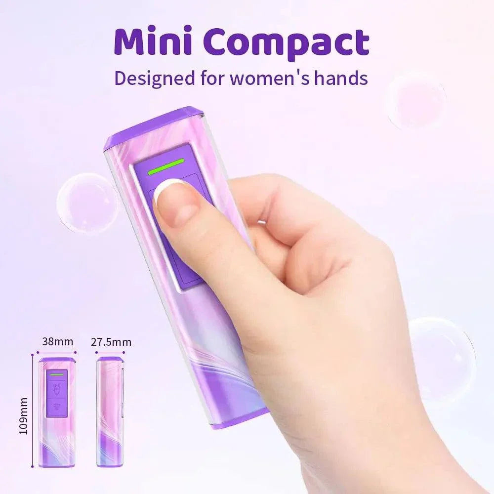 Compact ultrasonic dog trainer device held in hand, purple design, mini size for easy use and portability