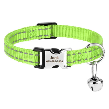 Personalised adjustable cat collar with custom ID nameplate and bell in green.