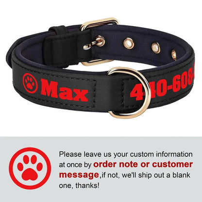 Customised soft padded PU leather dog collar in black with red name and phone number.
