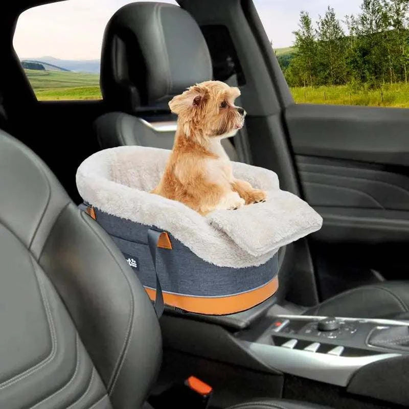 Center console car seat for small dogs, soft velvet, secure travel bed.