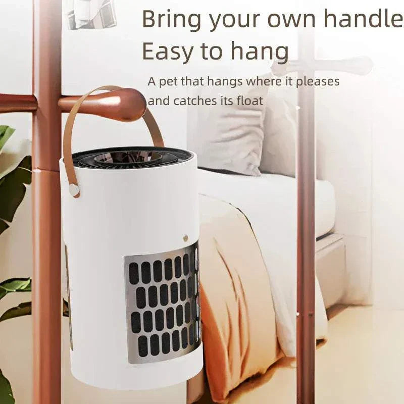 Pet air purifier with HEPA filter system, easy to hang, ideal for removing odors in homes with pets.