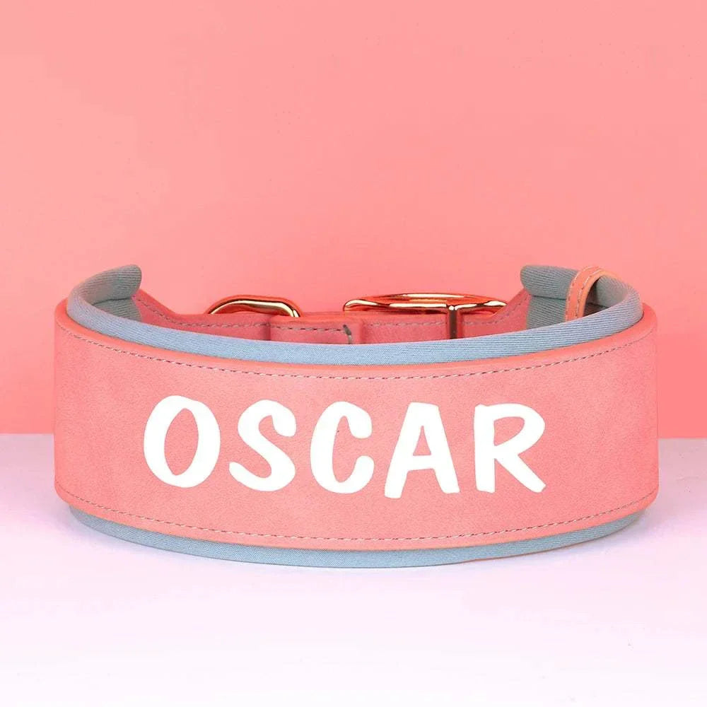 Customised wide dog collar in soft pink PU leather for medium large dogs.