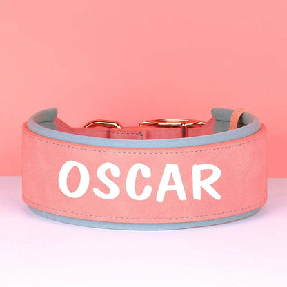 Customised wide dog collar in soft pink PU leather for medium large dogs.