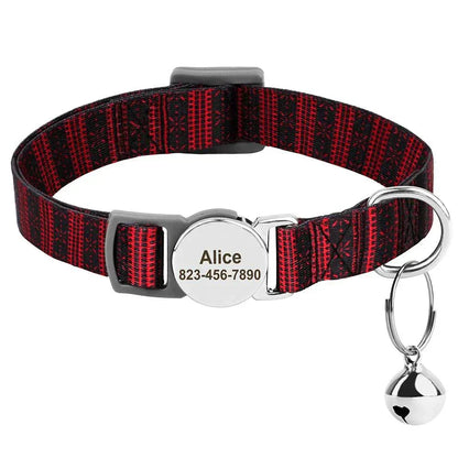 Personalised adjustable cat collar with custom ID nameplate and bell in red and black nylon.