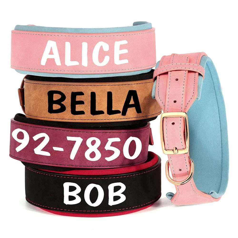 Customised wide dog collar in soft PU leather for medium and large dogs, featuring personalized names and contact details.