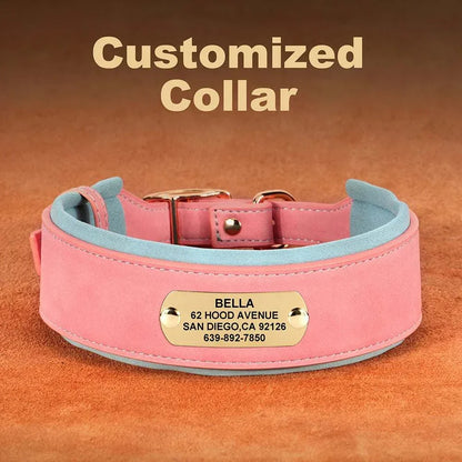 Customised wide dog collar in pink PU leather with engraved nameplate for medium to large dogs.