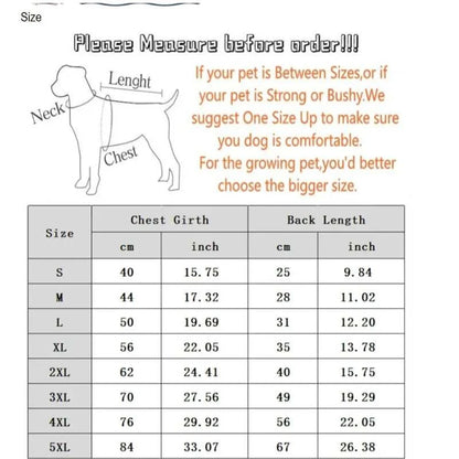 Winter down puffer jacket size chart for dogs with measurements in cm and inches.