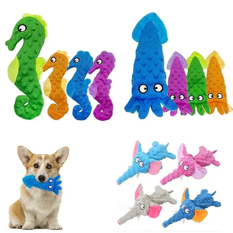 Colorful no stuffing squeaky crinkle plush dog toys in animal shapes, bite-resistant and perfect for puppy playtime.