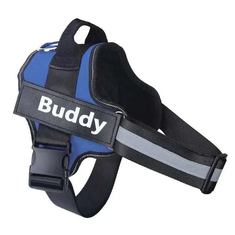 No-pull reflective dog harness with personalized ID patch and adjustable straps for comfortable fit.