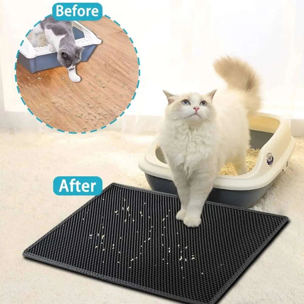 Cat using waterproof urine-proof double-layer litter mat trapping litter.