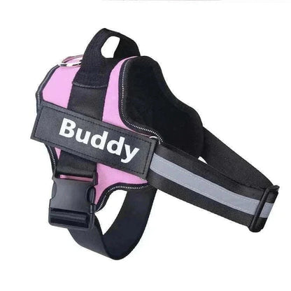 Personalised no-pull reflective dog harness with adjustable straps and ID patch in pink and black.