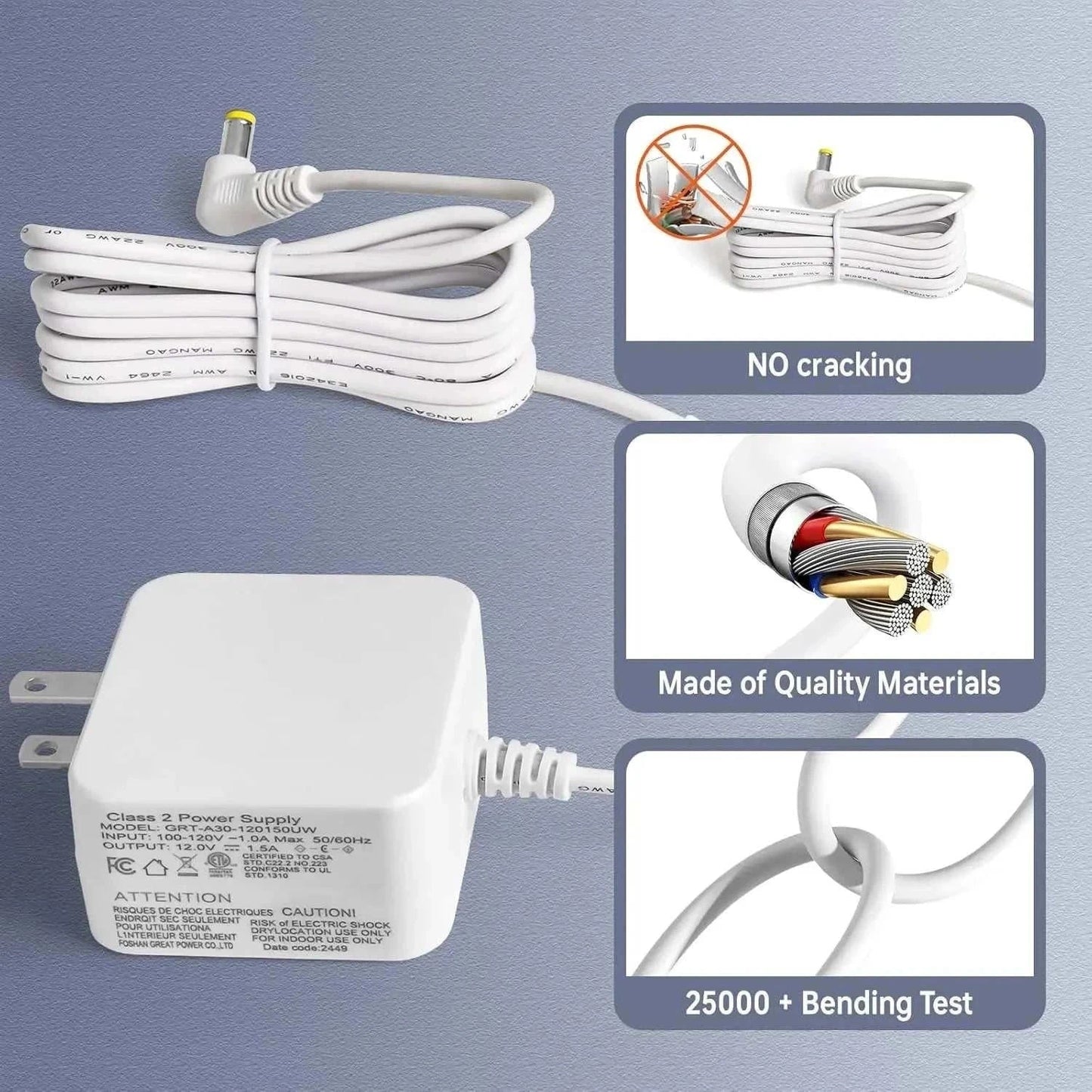 Tonepie Smart Cats Litter Box replacement power adapter with durable, high-quality cable and 25000+ bend test for reliability