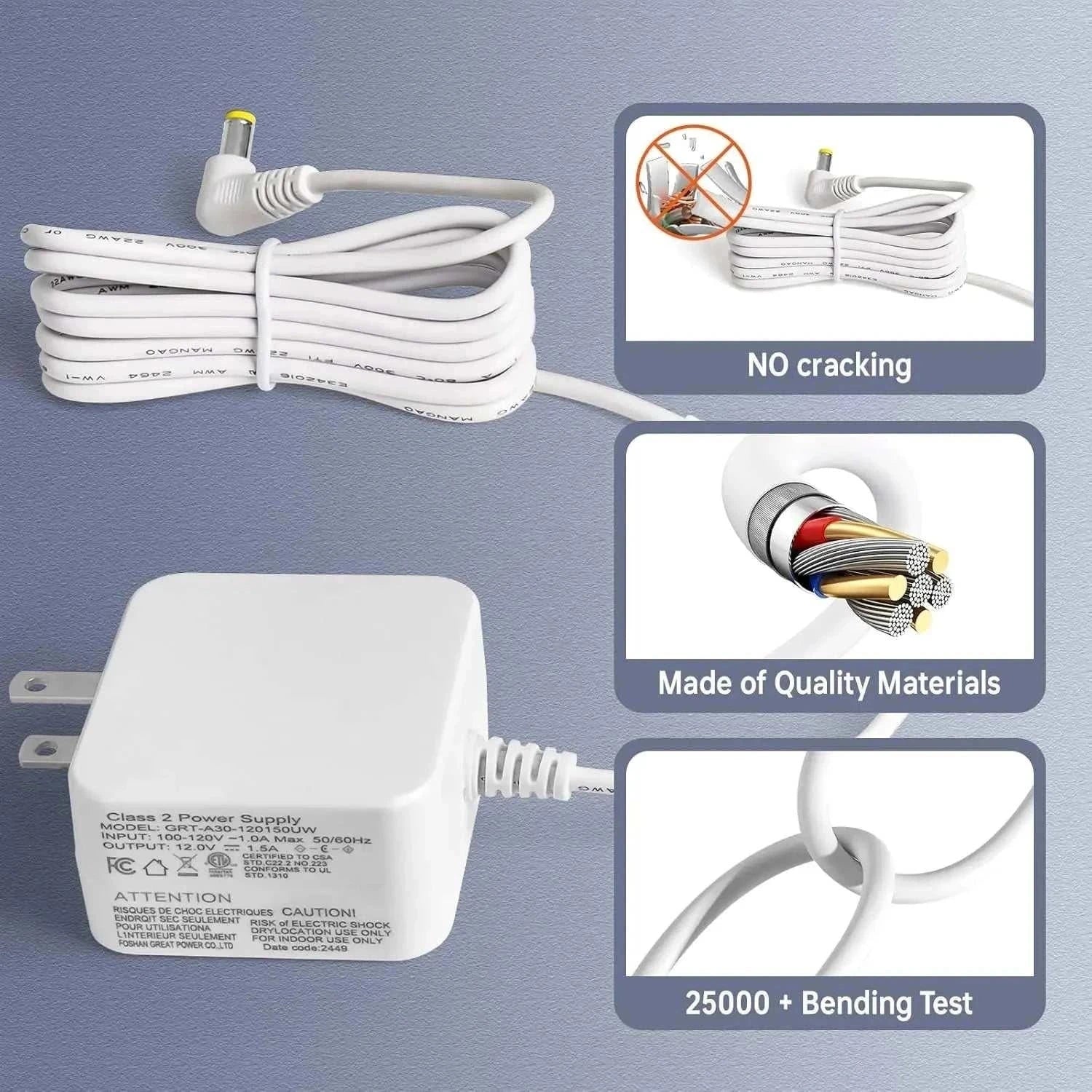 Tonepie Smart Cats Litter Box replacement power adapter with durable, high-quality cable and 25000+ bend test for reliability