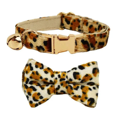 Leopard print personalised cat collar with adjustable strap and optional bow.