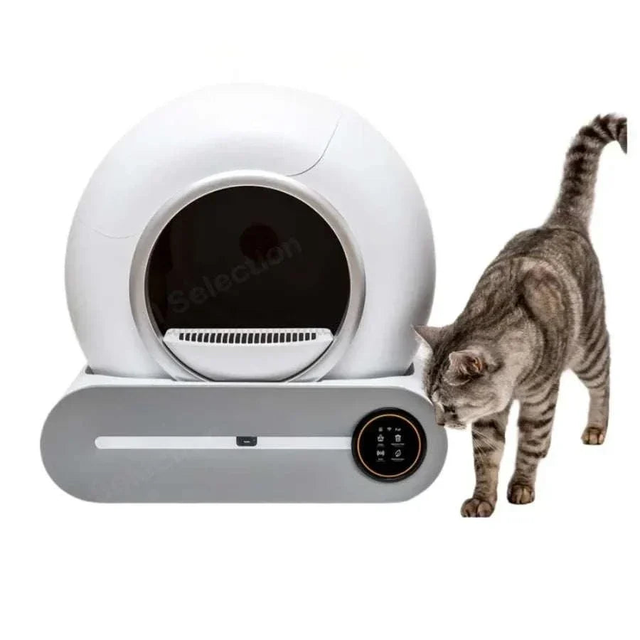 Self-cleaning cat litter box with ionic deodorizer and app control, featuring a fully enclosed design for privacy.