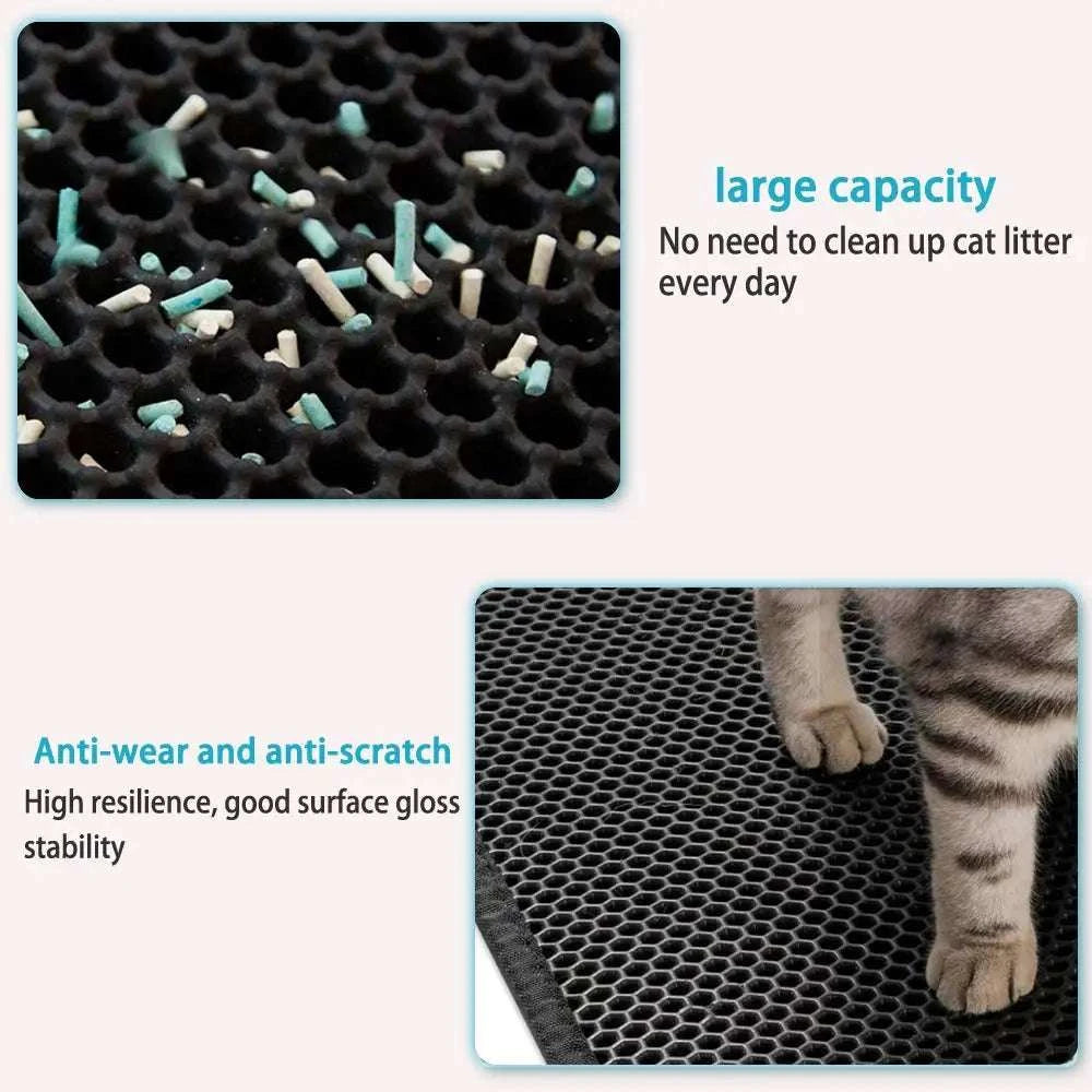 Cat litter mat with honeycomb design showing large capacity and anti-scratch properties.