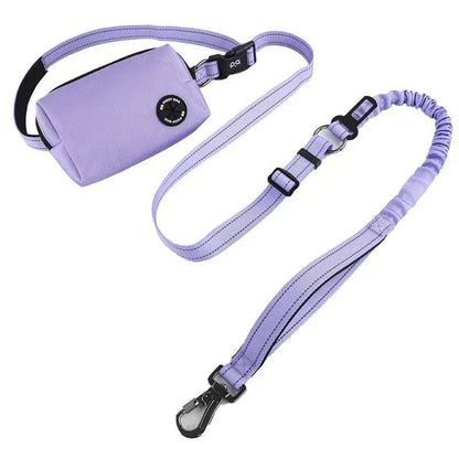 Purple reflective dog bungee leash with attached storage bag and waist belt for hands-free walking and running