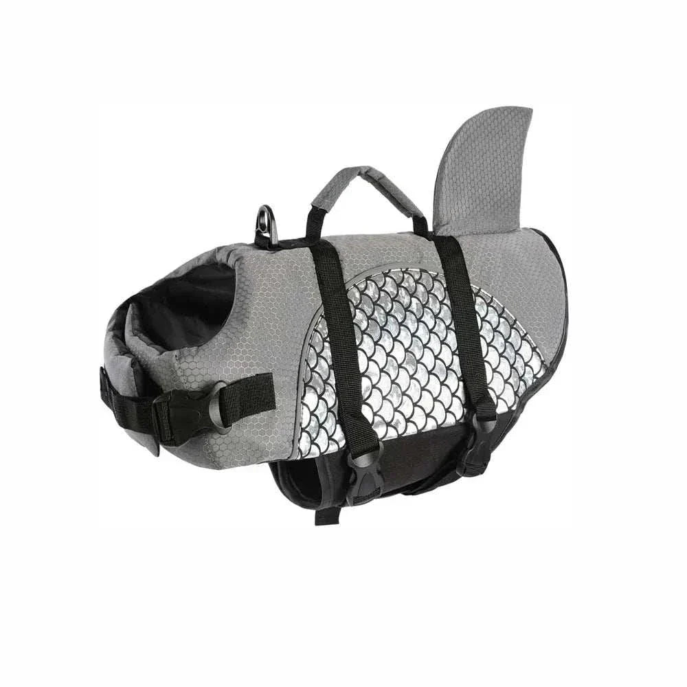 Gray shark dog life jacket swim vest with black straps and reflective scale pattern for pet safety and buoyancy