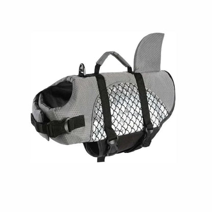 Gray shark dog life jacket swim vest with black straps and reflective scale pattern for pet safety and buoyancy