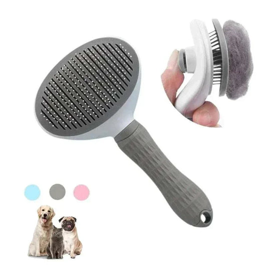 Self Cleaning Pet Grooming Tool for Cats and Dogs, Stainless Steel, Easy Clean, Available in Grey, Pink, Blue.